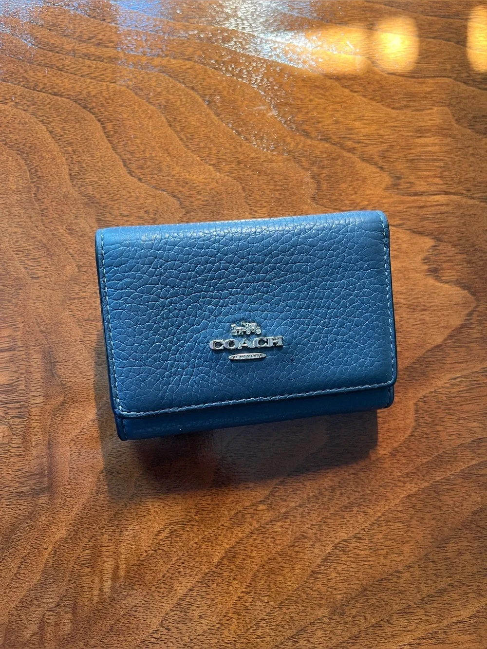 Coach Navy Blue Pebble Leather trifold wallet with coin zip! Silver hardware!